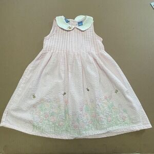 baby crew Gingham Pleated Spring Pink Seersucker Floral and Bee Dress 4t Toddler